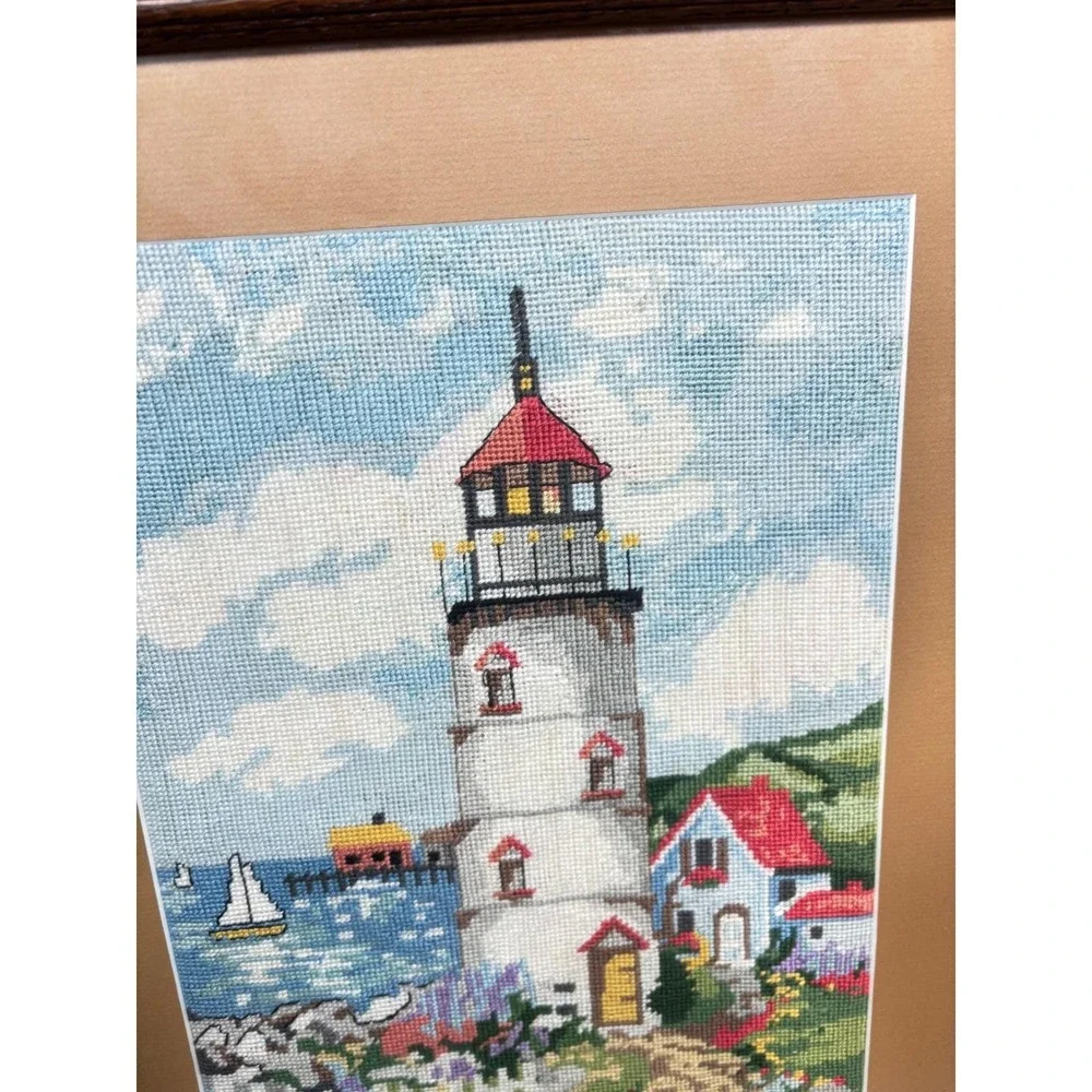Framed Cross Stitch Handcrafted Lighthouse Seascape Art‎ Coastal Nautical Decor